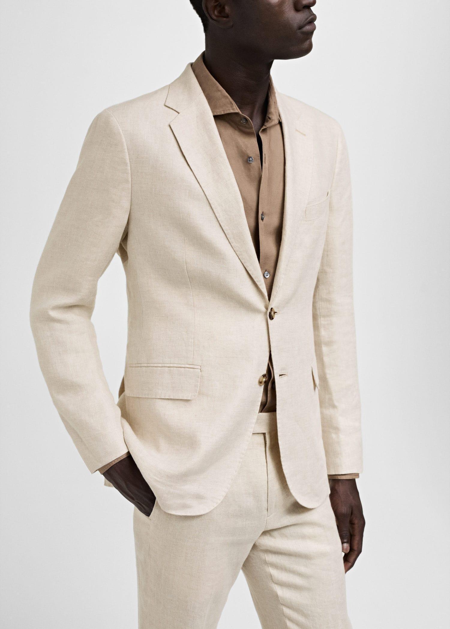 Beige Linen Slim-Fit Suit Jacket, , large image number 2