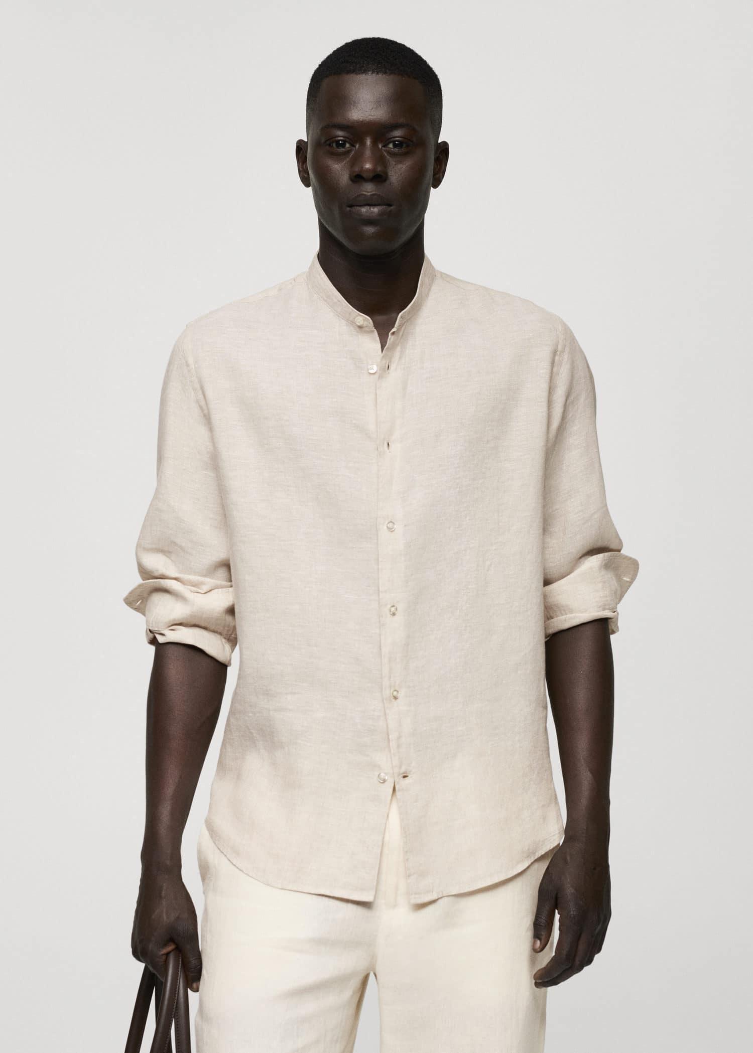Beige Linen Mao Collar Shirt, , large image number 0