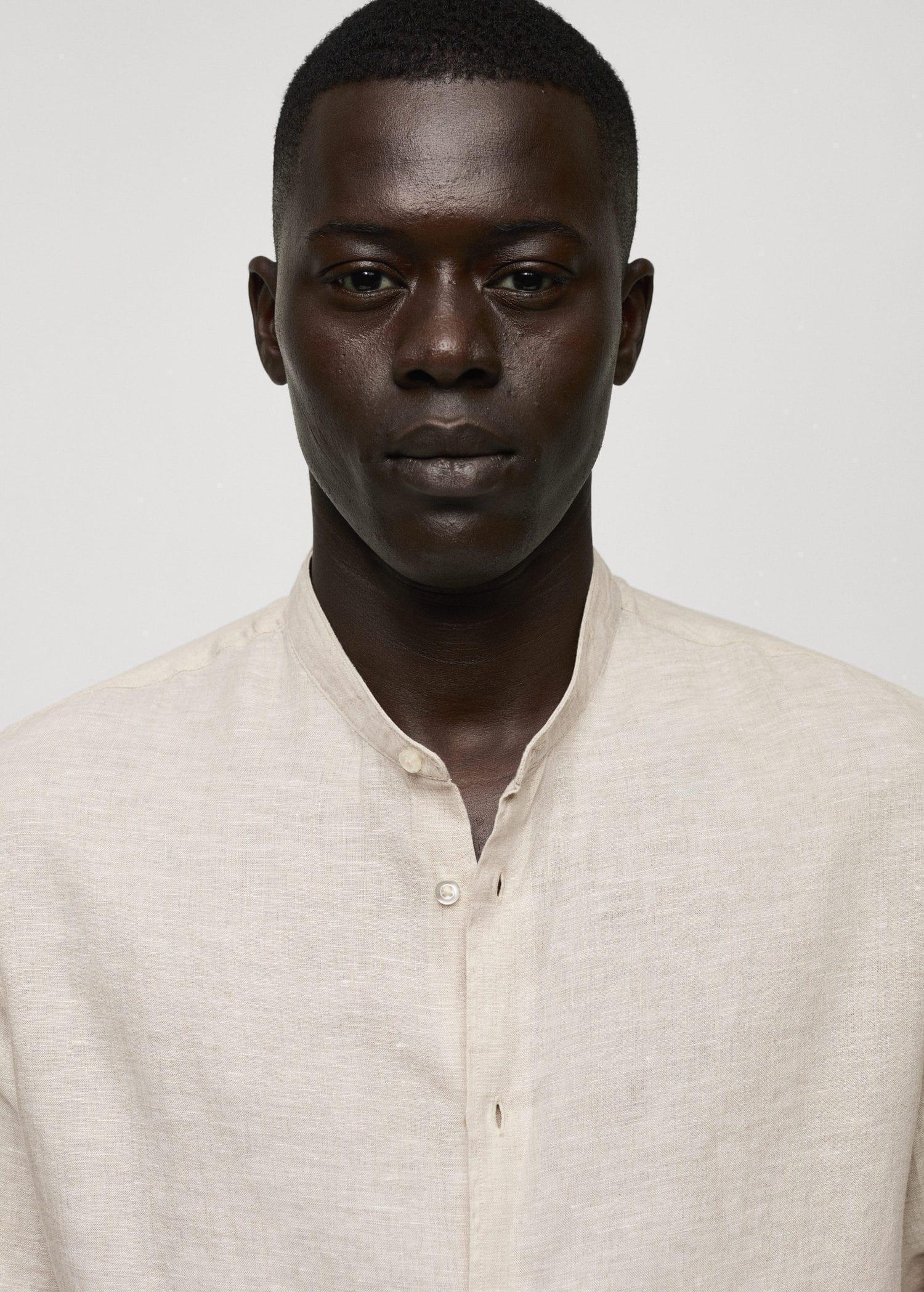 Beige Linen Mao Collar Shirt, , large image number 1