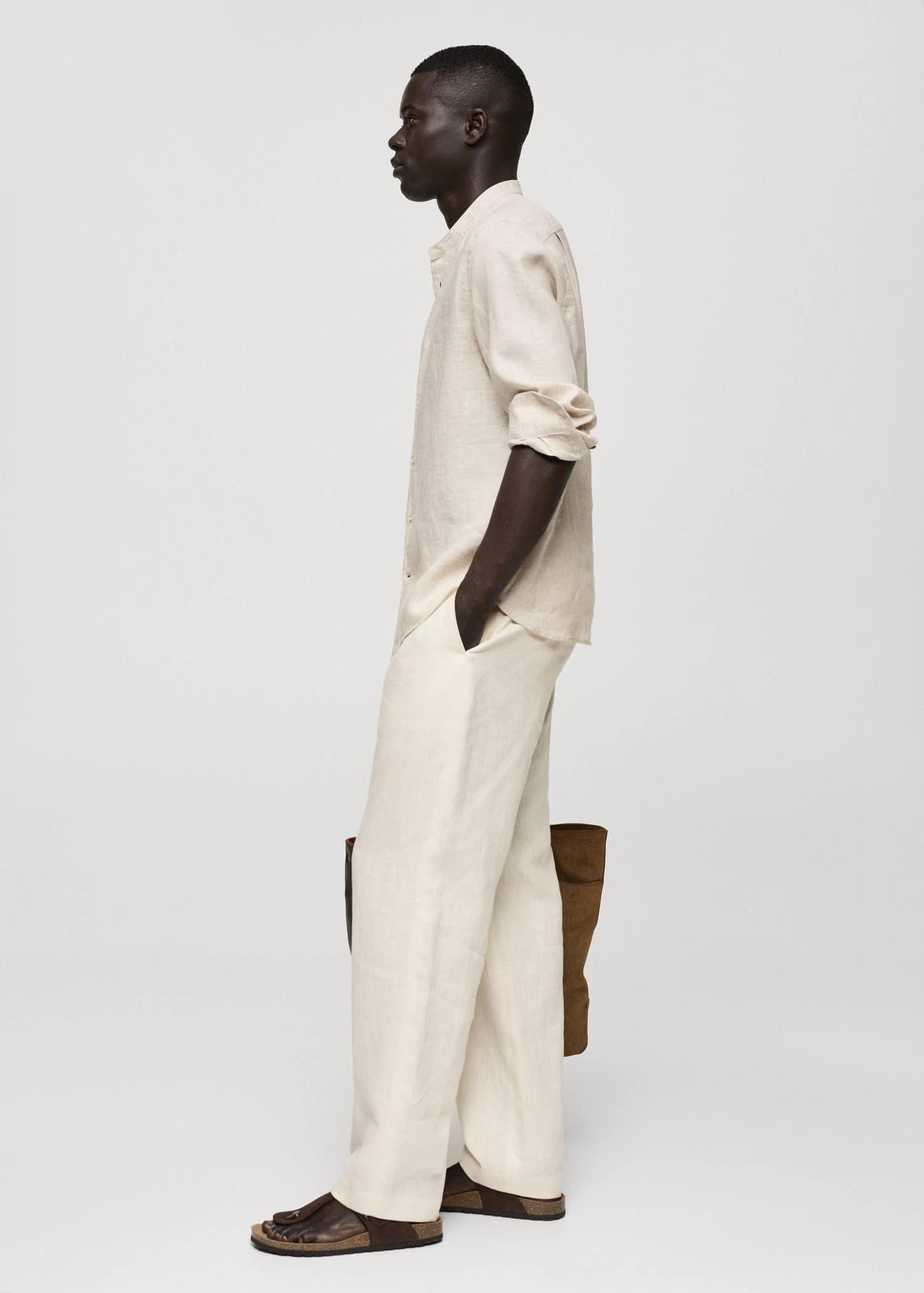 Beige Linen Mao Collar Shirt, , large image number 2