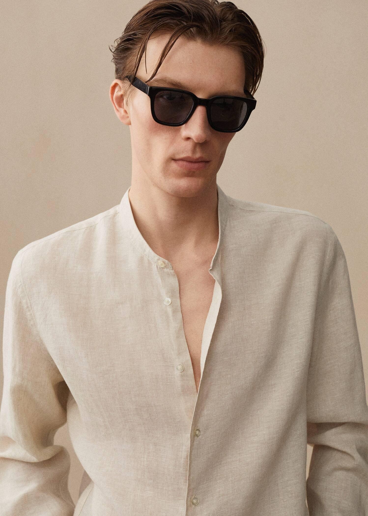 Beige Linen Mao Collar Shirt, , large image number 4