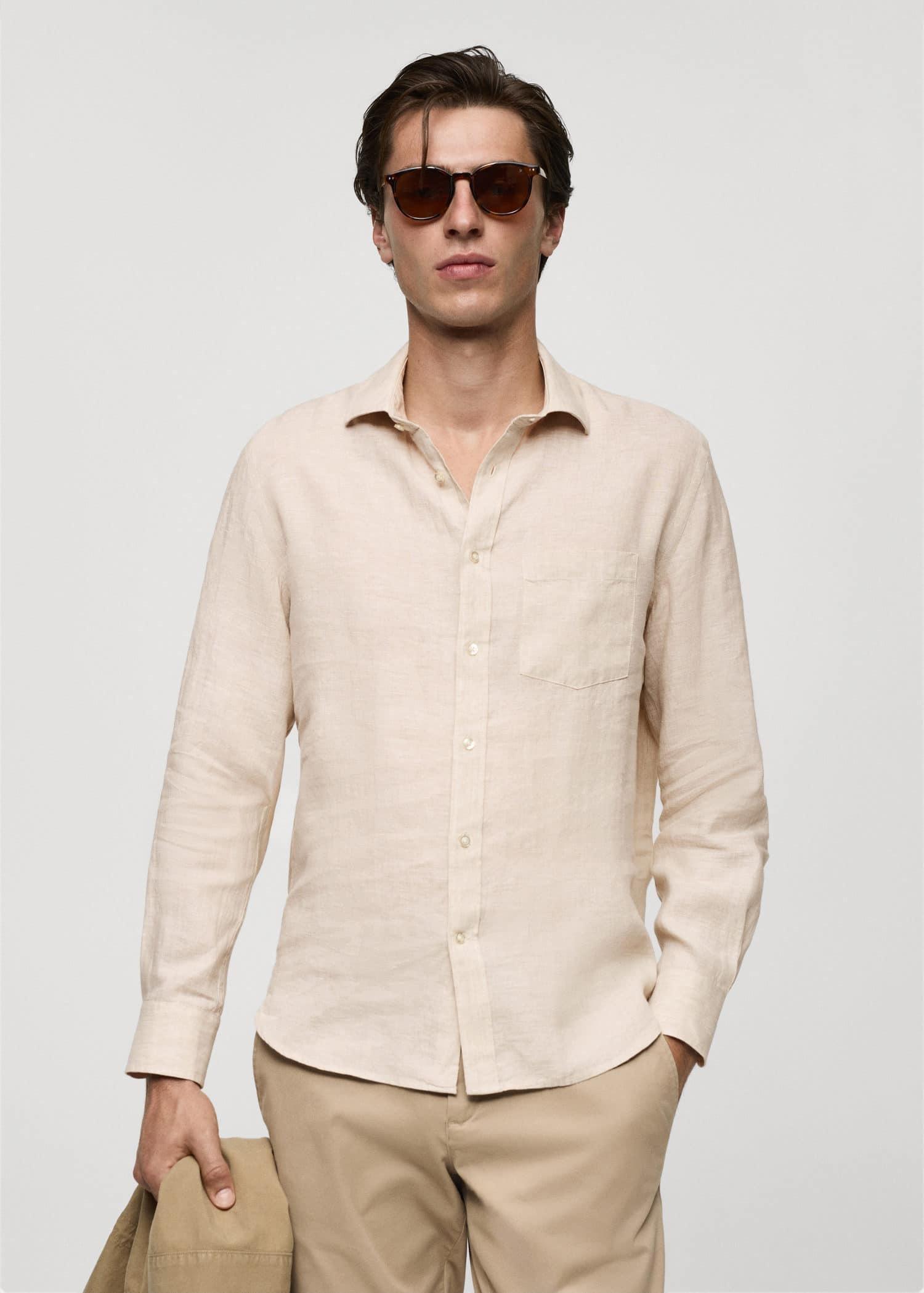 Beige Classic Fit Linen Shirt, , large image number 0