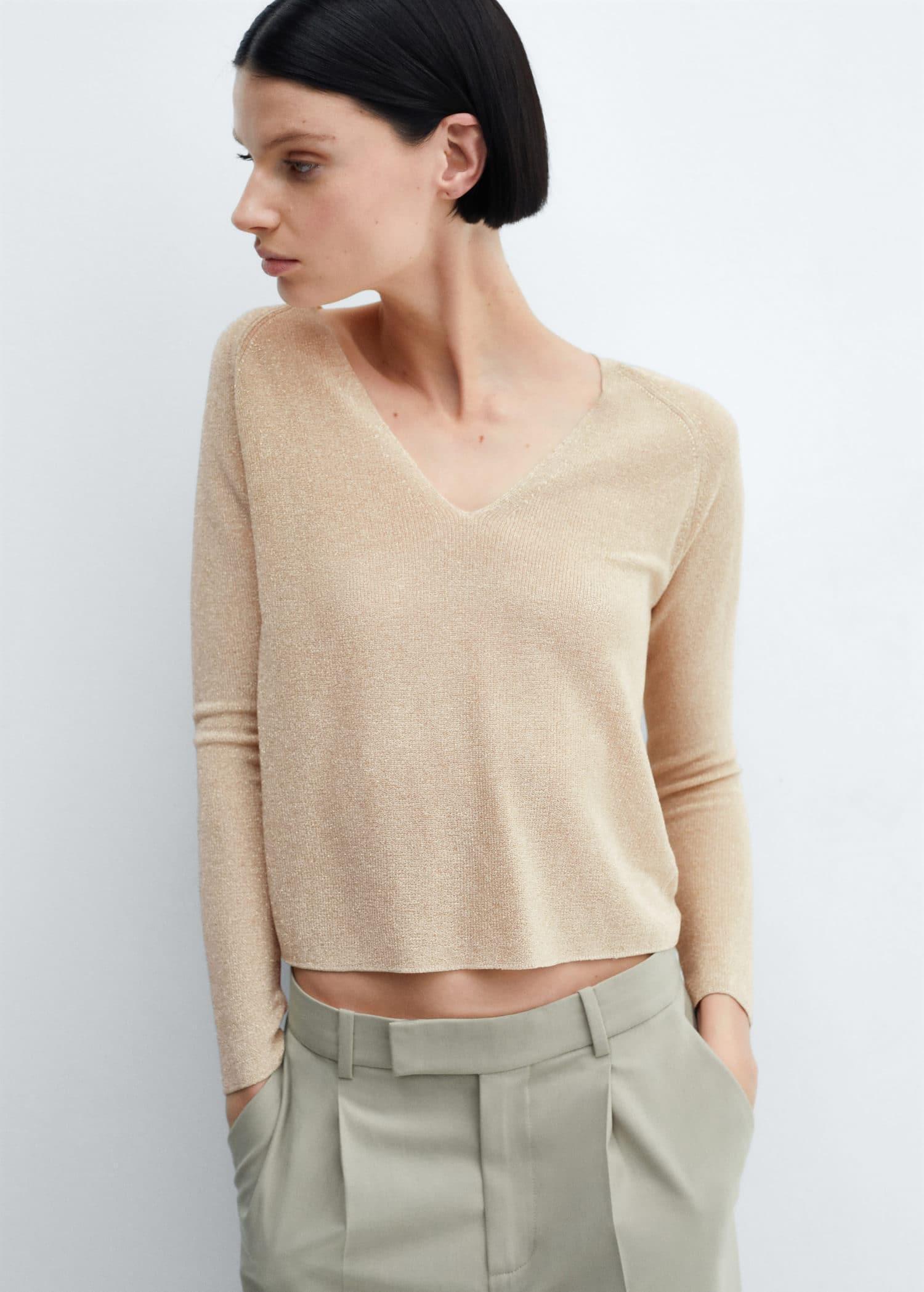 Gold V-Neck Lurex Sweater, , large image number 0