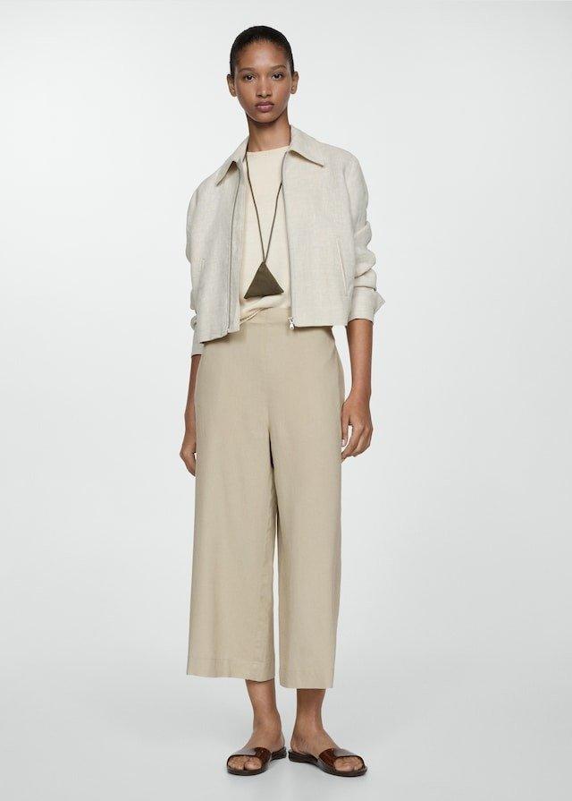 Beige Wideleg Linen Trousers, , large image number 0