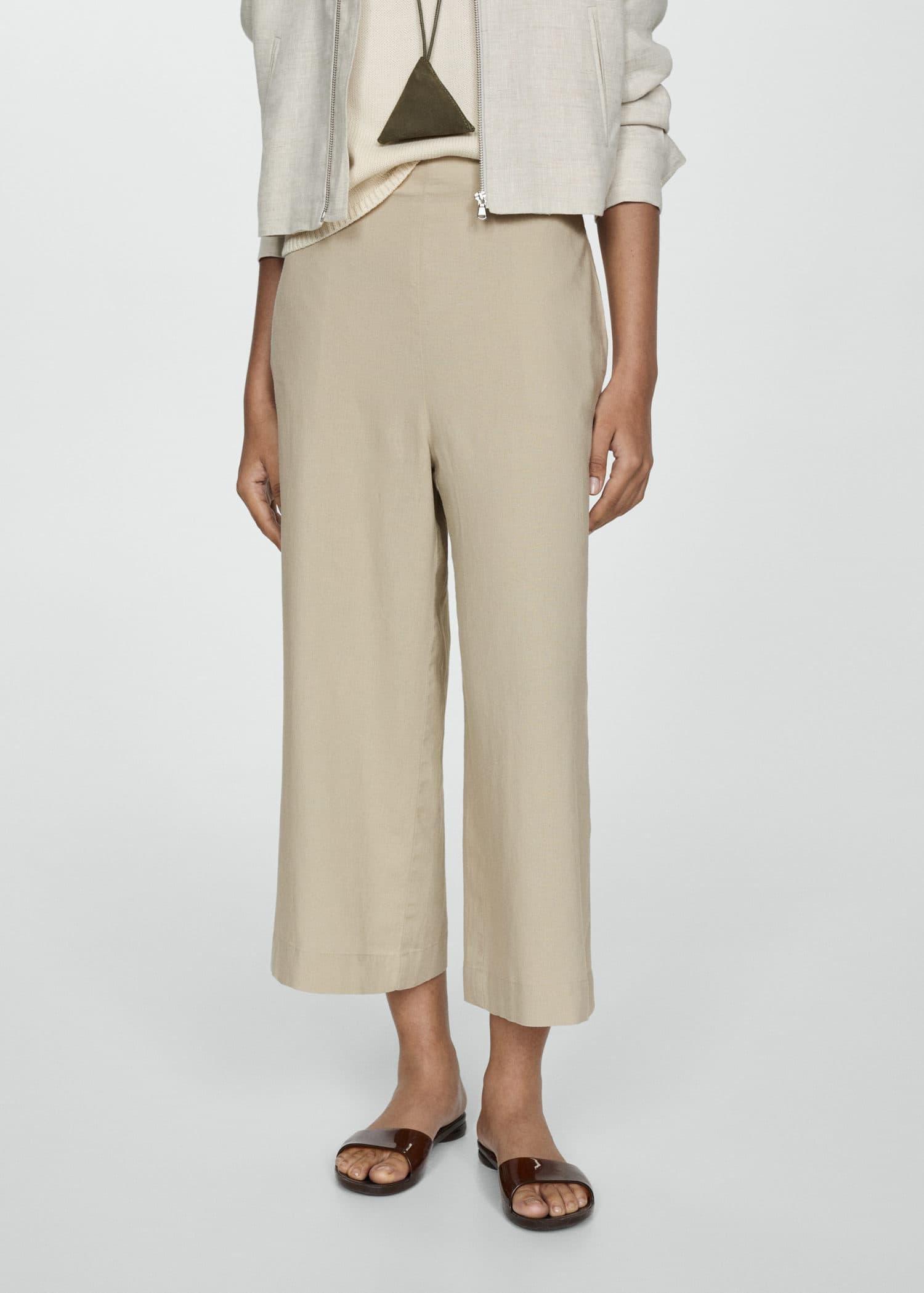 Beige Wideleg Linen Trousers, , large image number 1