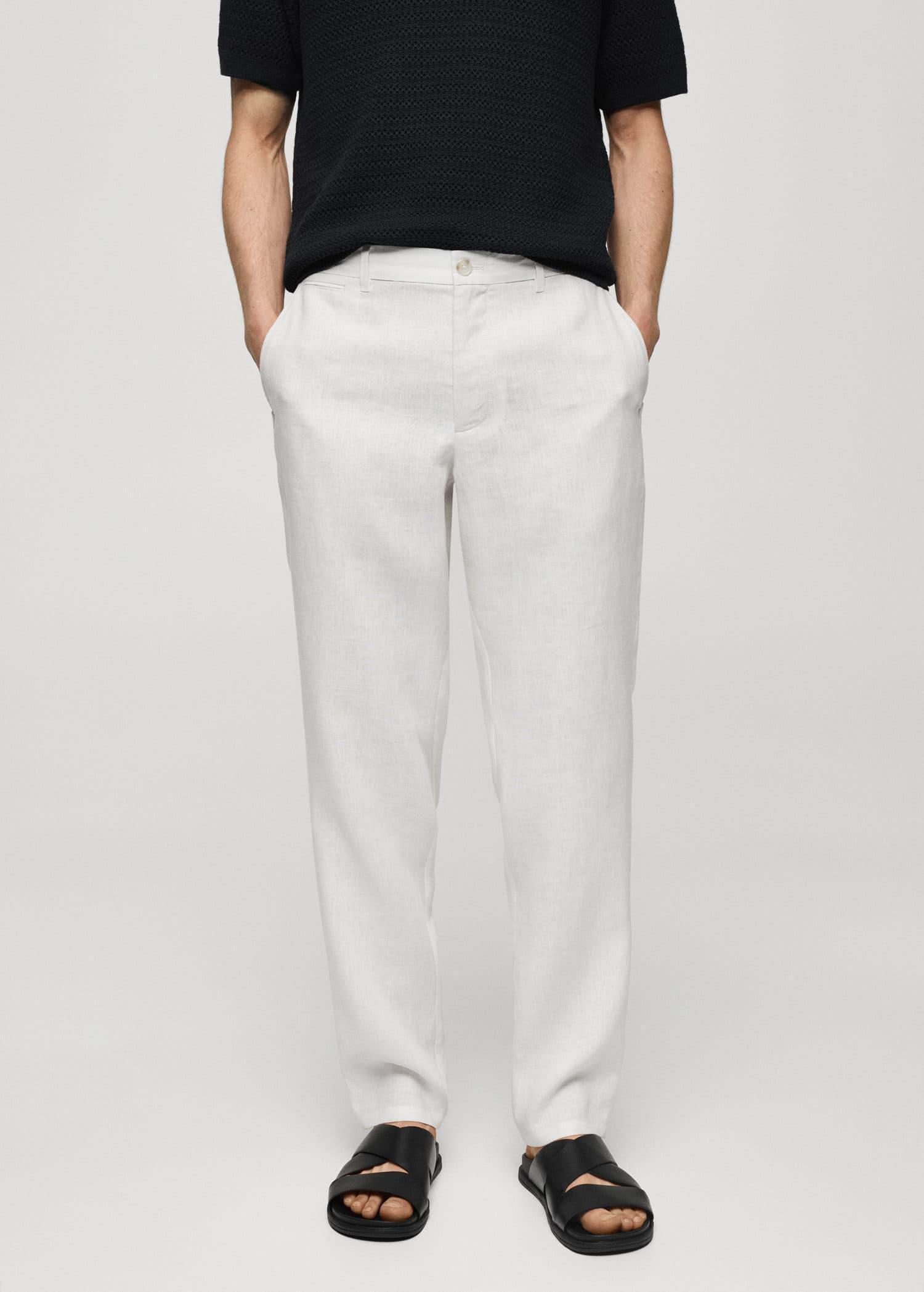 White Slim-Fit Linen Trousers, , large image number 0