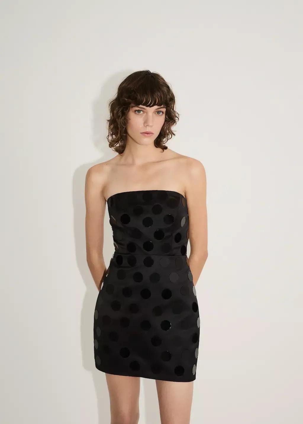 Black Short Strapless Dress With Mirrors, , large image number 0