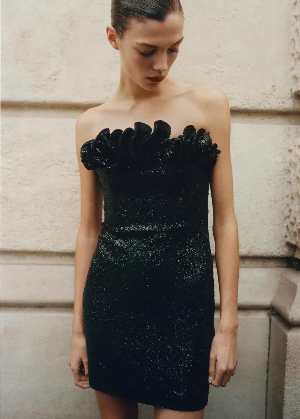 Black Sequin Embellishment Ruffle Dress, , large image number 0