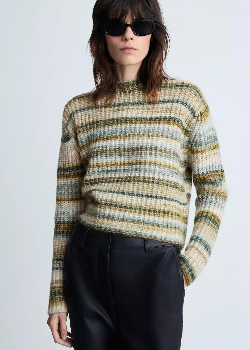 Green Round-Neck Striped Sweater, , large image number 0