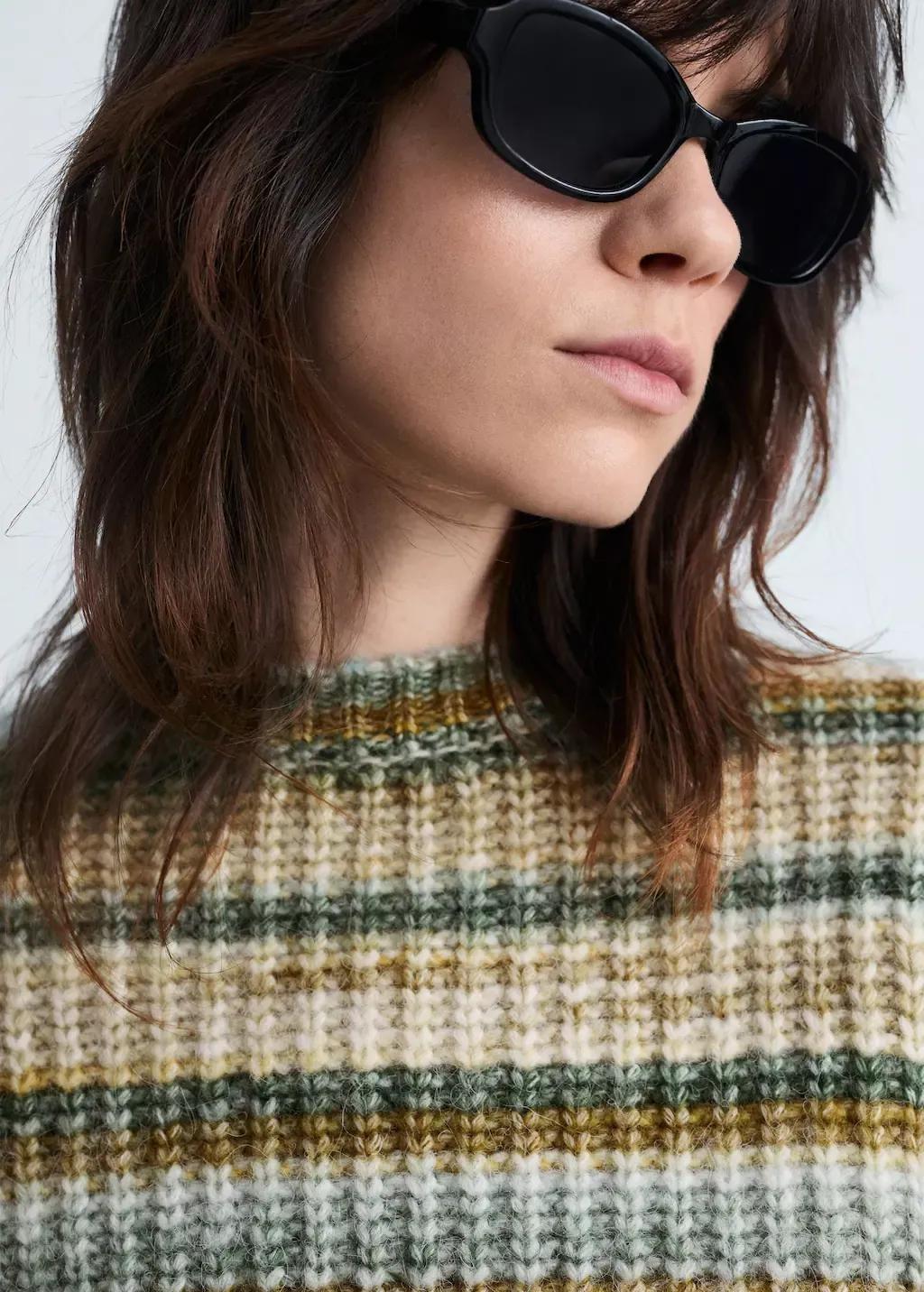 Green Round-Neck Striped Sweater, , large image number 1