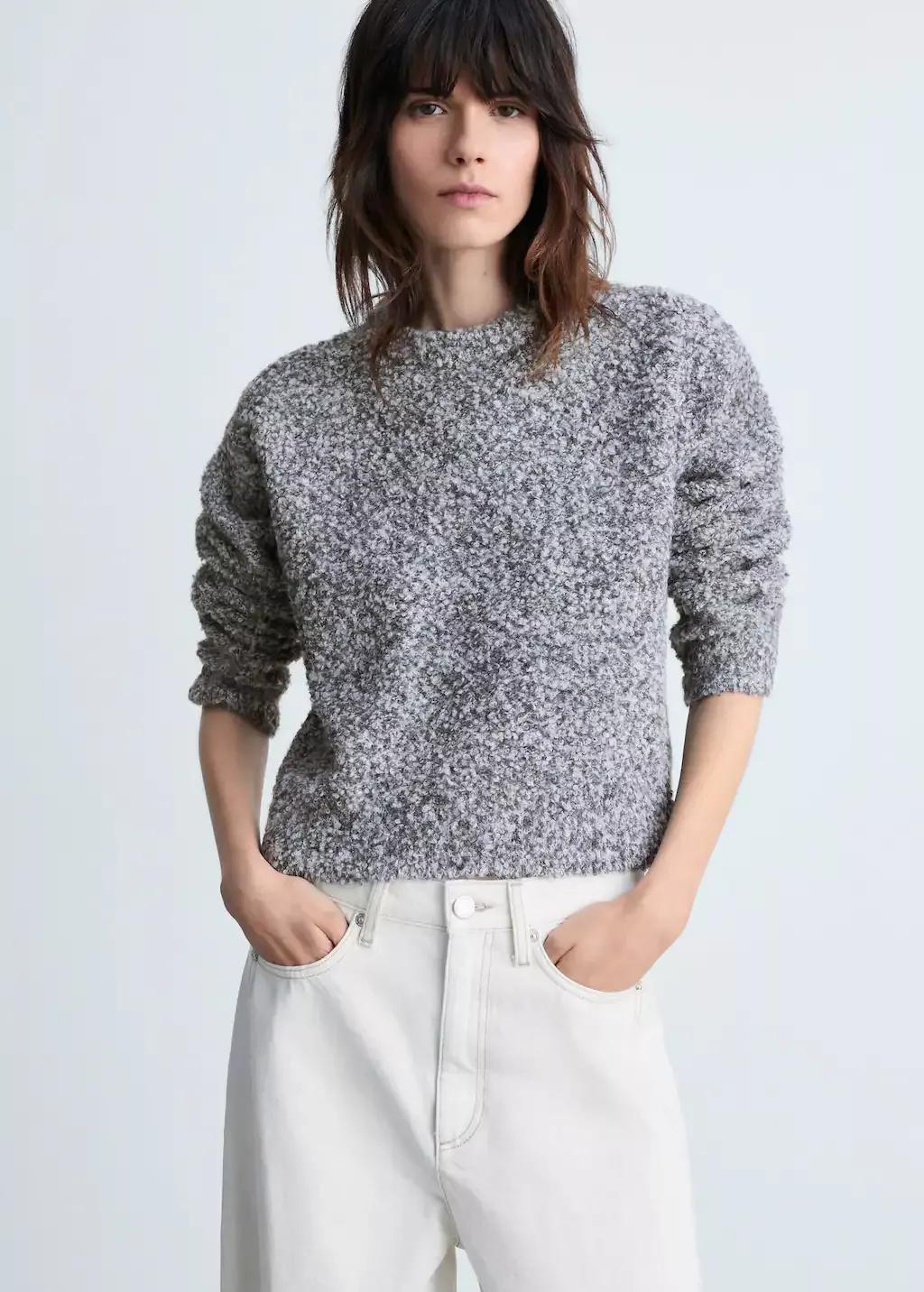 Grey Round-Neck Boucle Sweater, , large image number 0