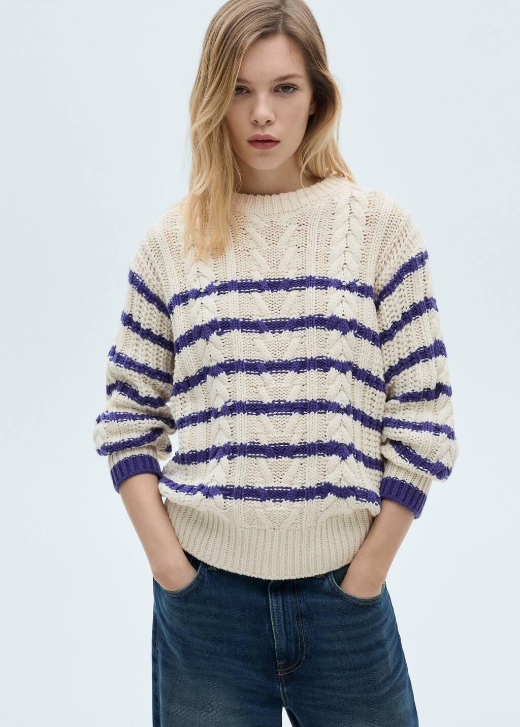 Beige Striped Braided Sweater, , large image number 0