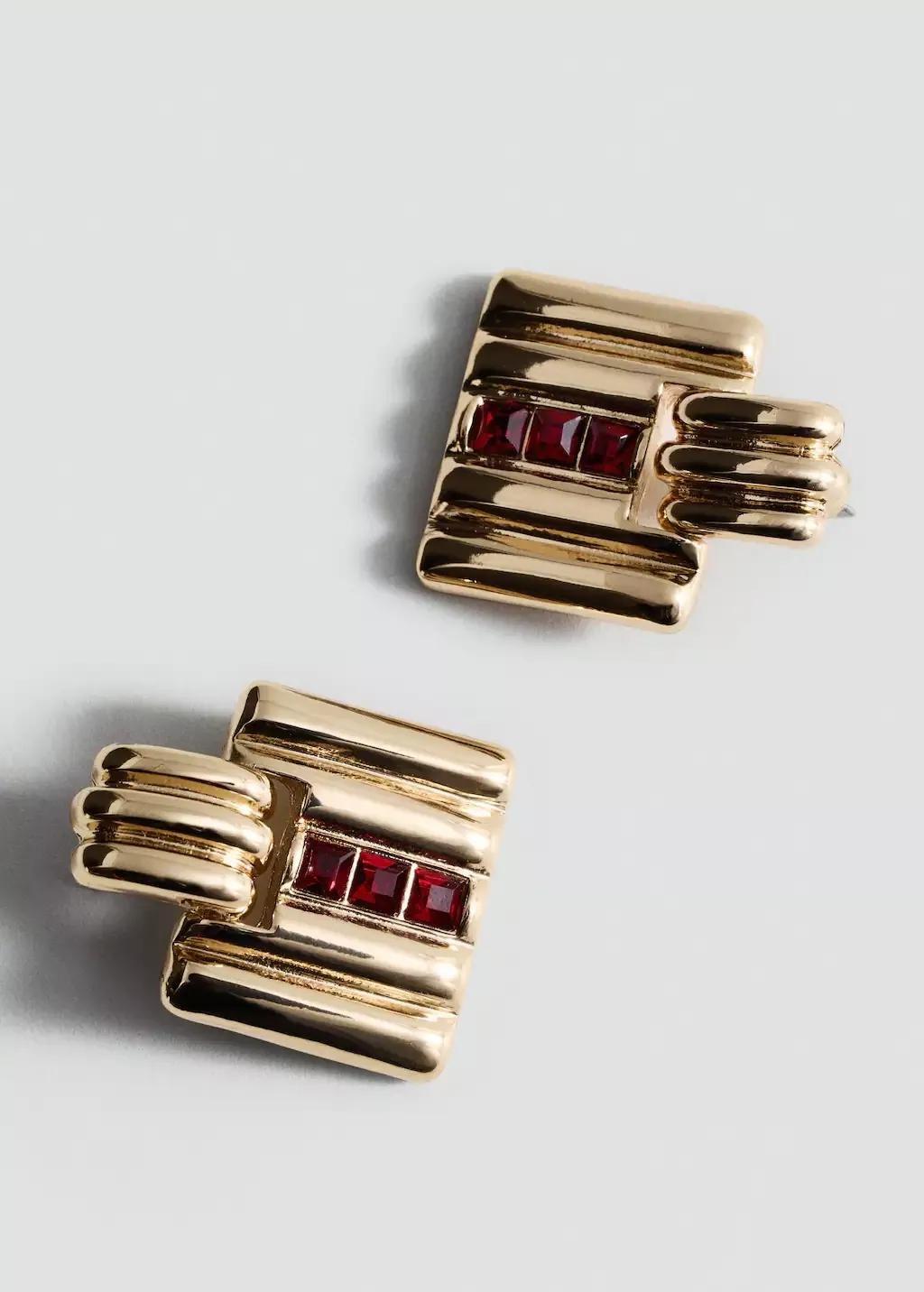 Gold Geometric Earrings With Crystals Detail, Gold, large image number 0
