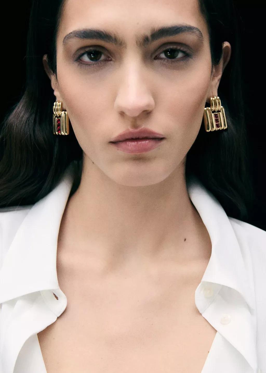 Gold Geometric Earrings With Crystals Detail, Gold, large image number 1