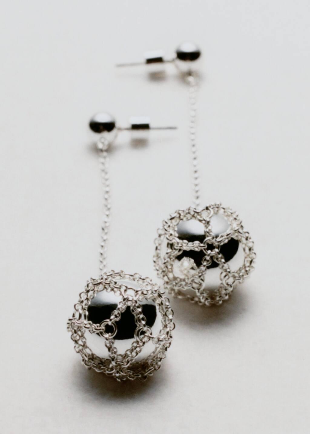 Silver Sphere Drop Earrings, Silver, large image number 5