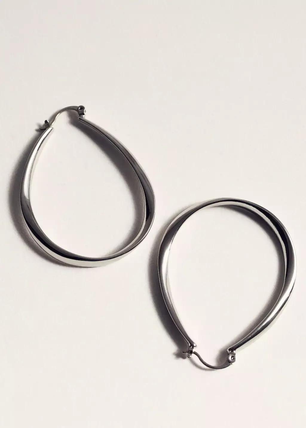 Silver Oval Hoop Earrings, Silver, large image number 1