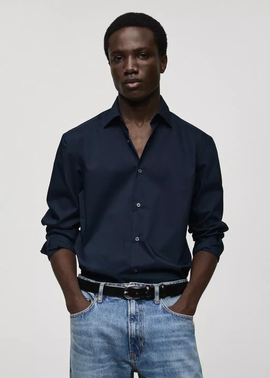 Navy Regular-Fit Stretch Cotton Shirt, , large image number 0
