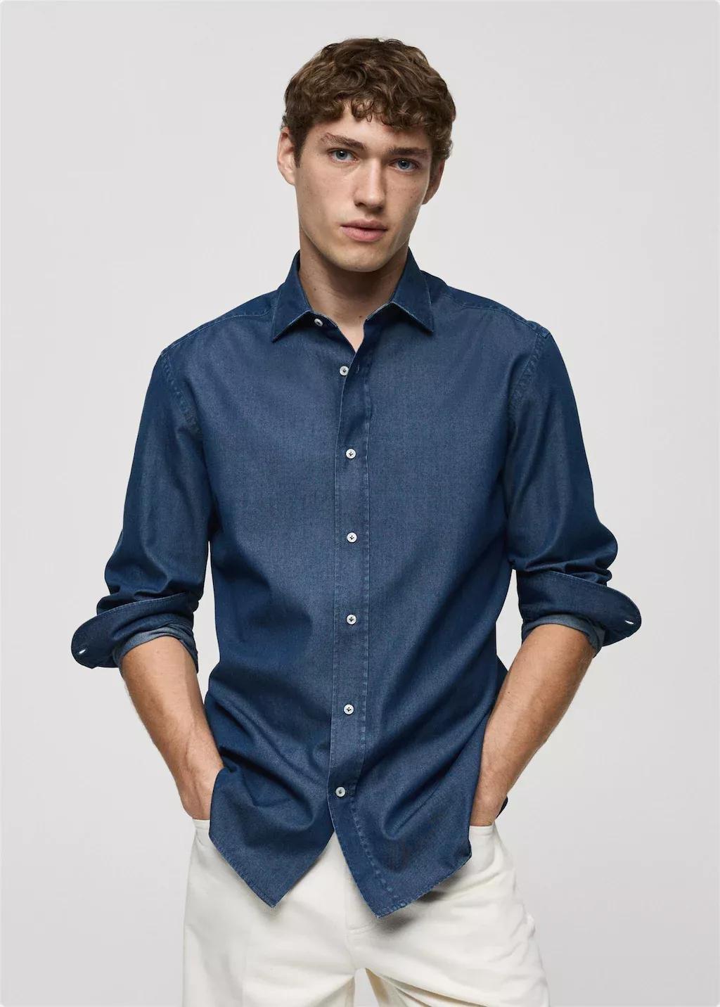OPEN BLUE Slim fit cotton chambray shirt, , large image number 0