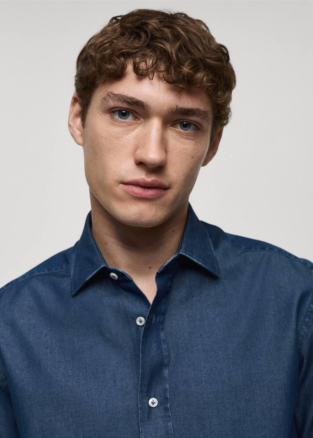 OPEN BLUE Slim fit cotton chambray shirt, , large image number 1