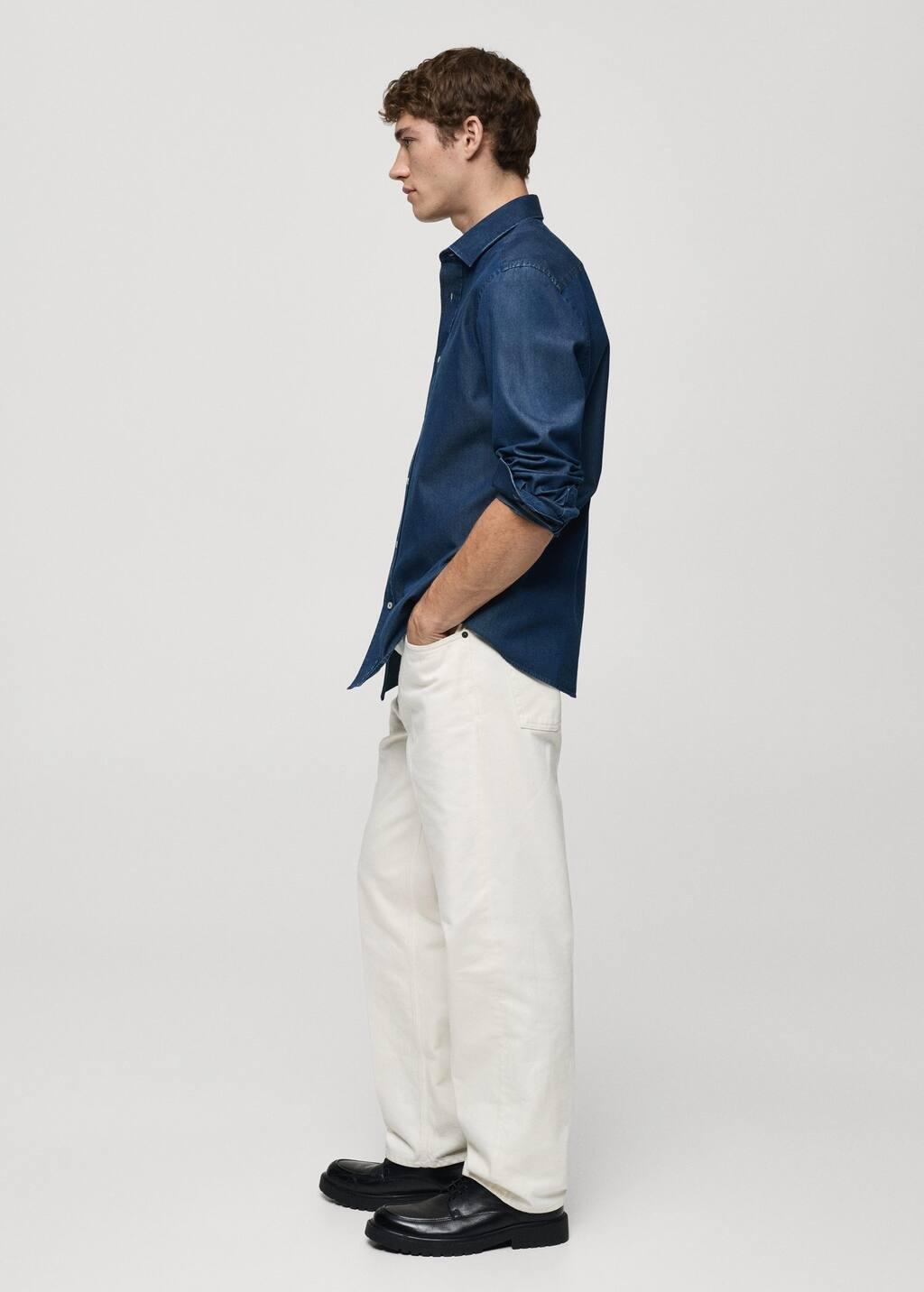 OPEN BLUE Slim fit cotton chambray shirt, , large image number 3