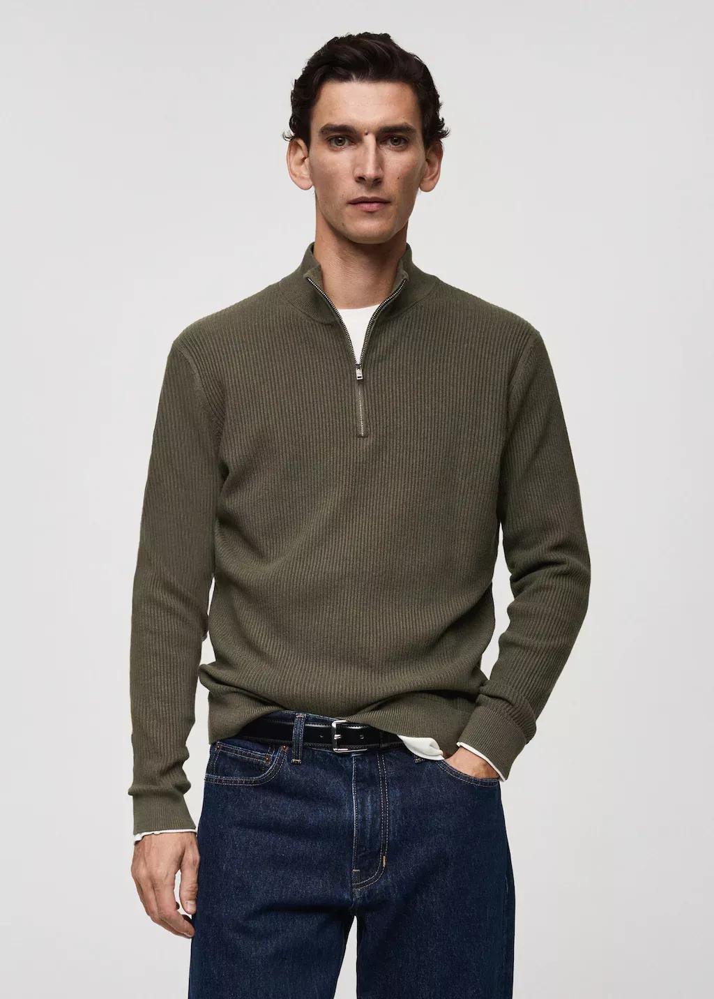 Khaki Cotton-Blend Rib-Knit Sweater, , large image number 0