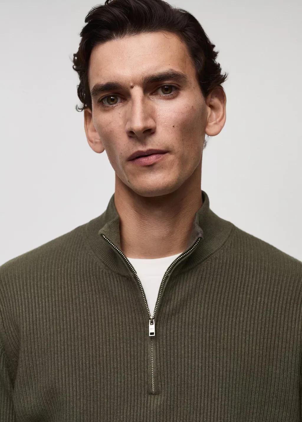 Khaki Cotton-Blend Rib-Knit Sweater, , large image number 1