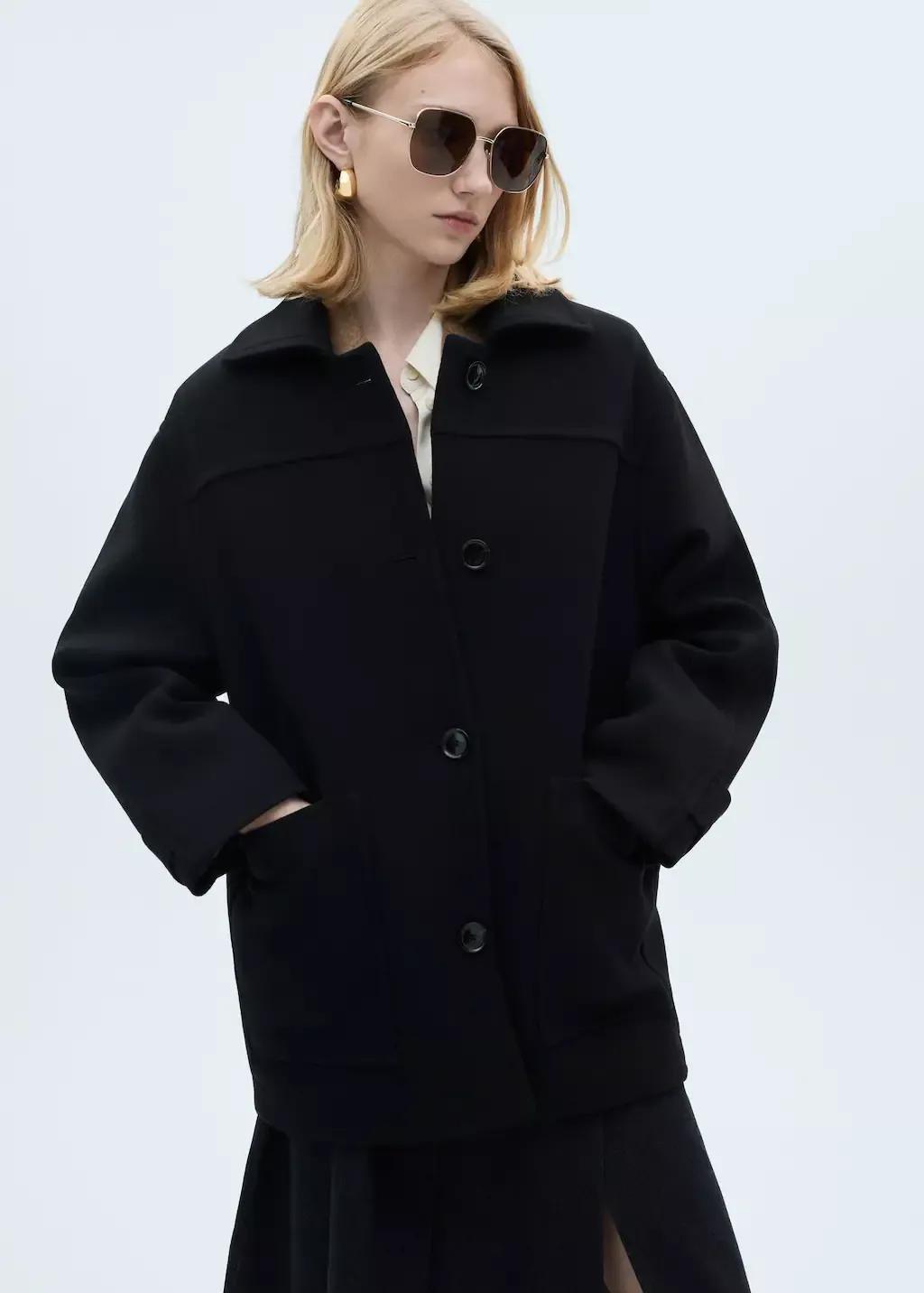 Black Wool Coat With Patch Pockets, , large image number 0