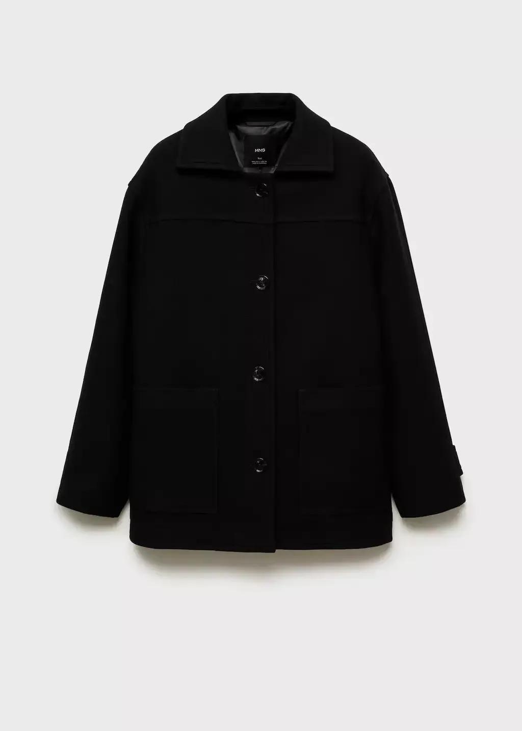 Black Wool Coat With Patch Pockets, , large image number 4