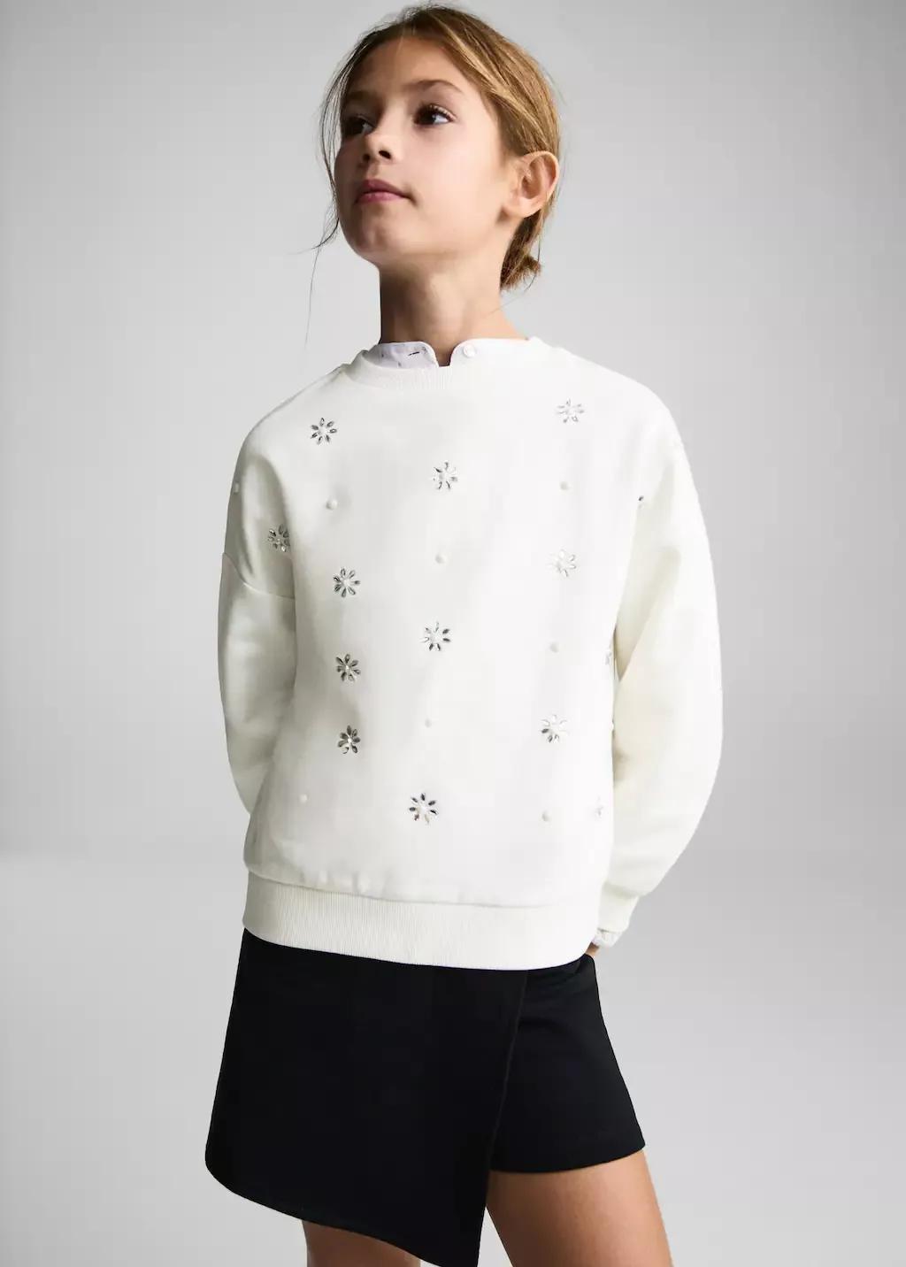 White Sequin Floral Sweatshirt, Kids Girl, , large image number 0