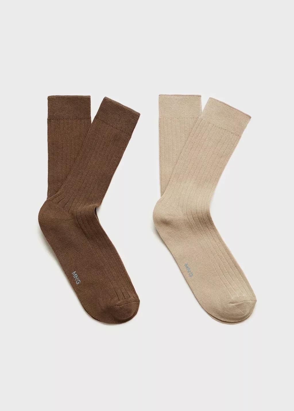 Beige Pack Of 2 Ribbed Cotton Socks, , large image number 0