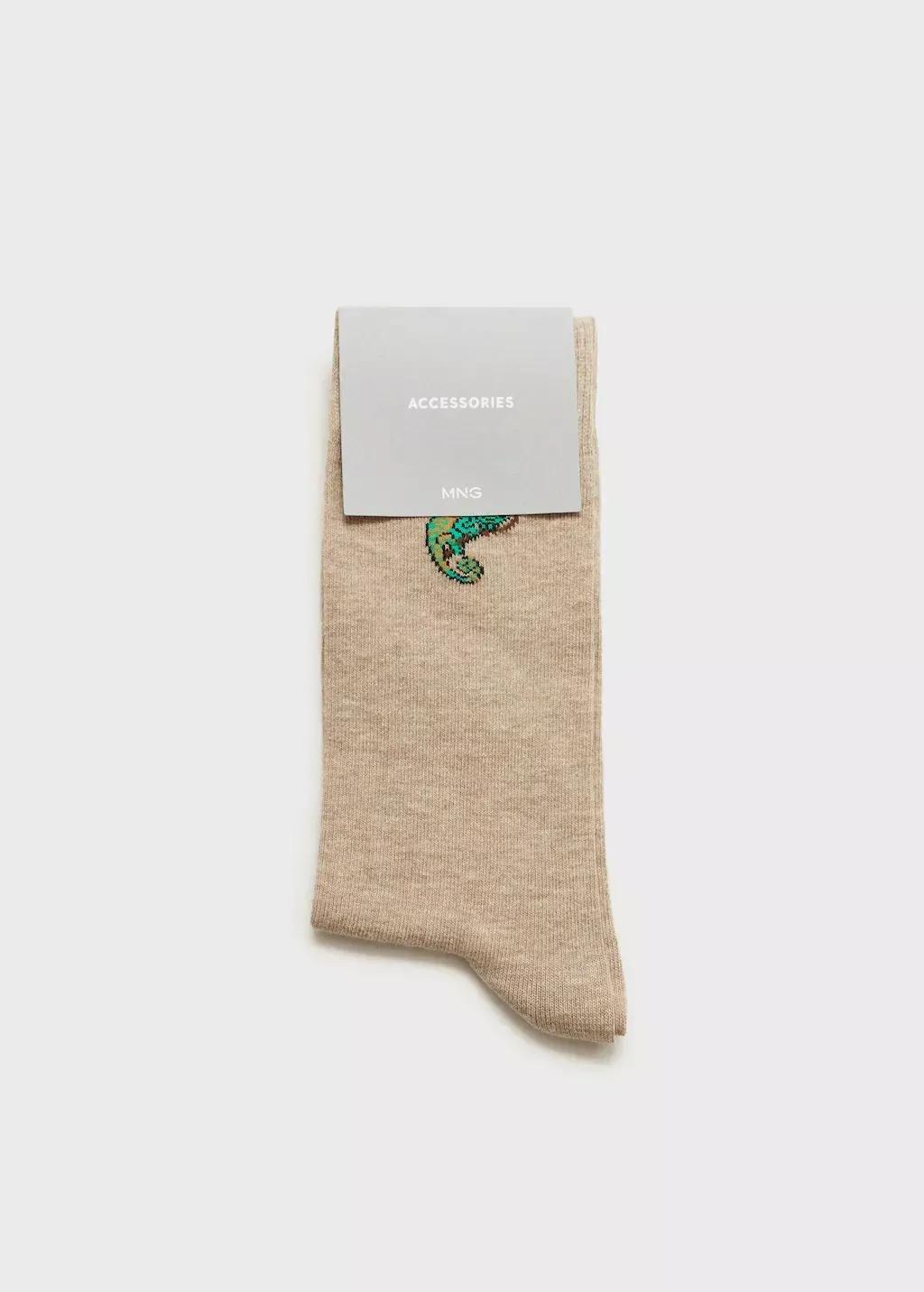 Beige Patterned Cotton Socks, , large image number 1