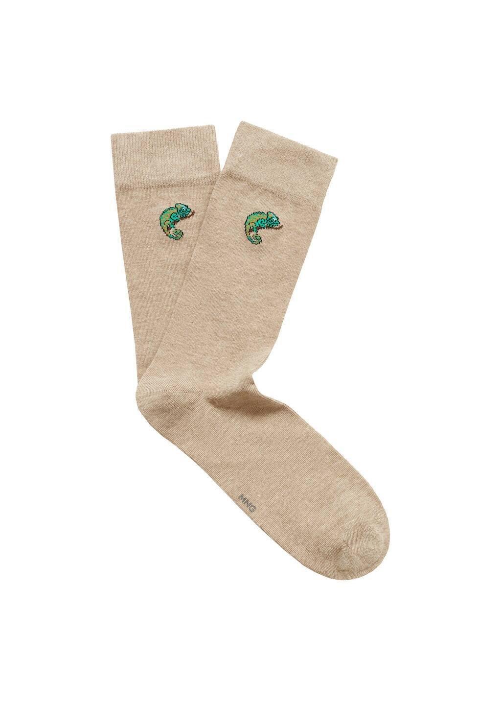 Beige Patterned Cotton Socks, , large image number 3