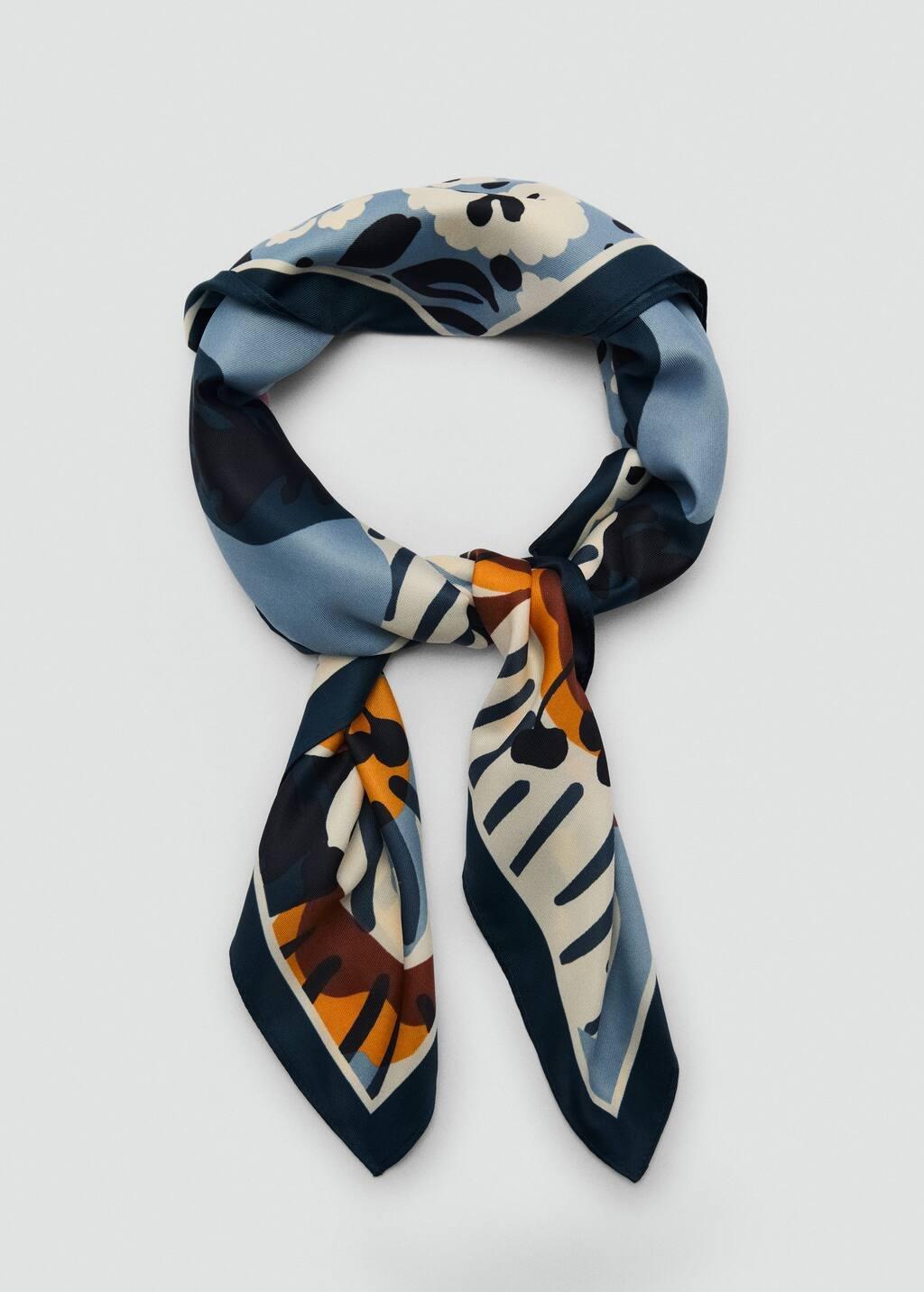 Blue Floral Satin Scarf, Medium Blue, large image number 1