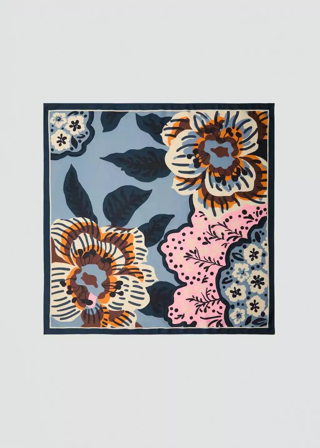 Blue Floral Satin Scarf, Medium Blue, large image number 3