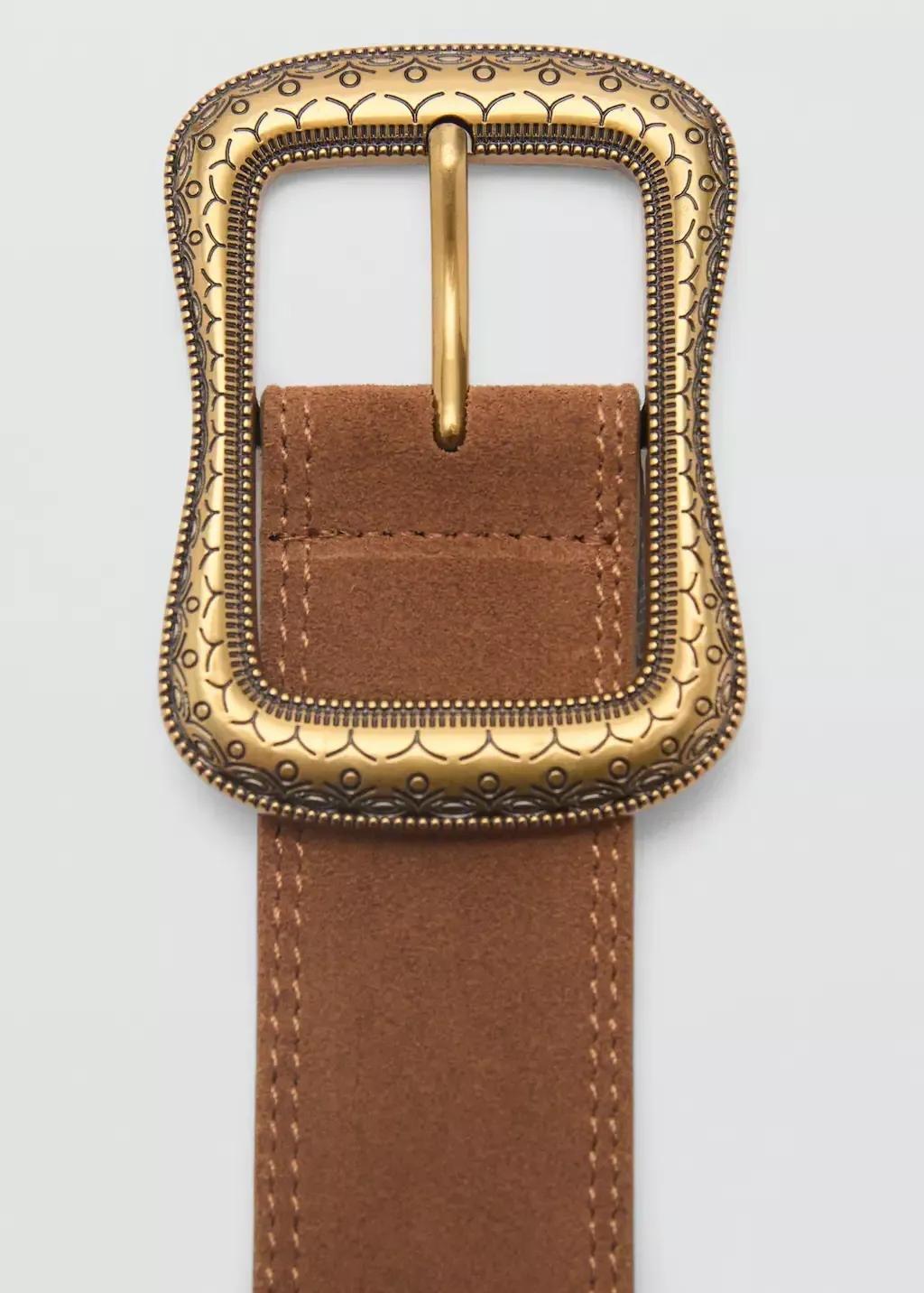Brown Suede Belt With Engraved Buckle, , medium