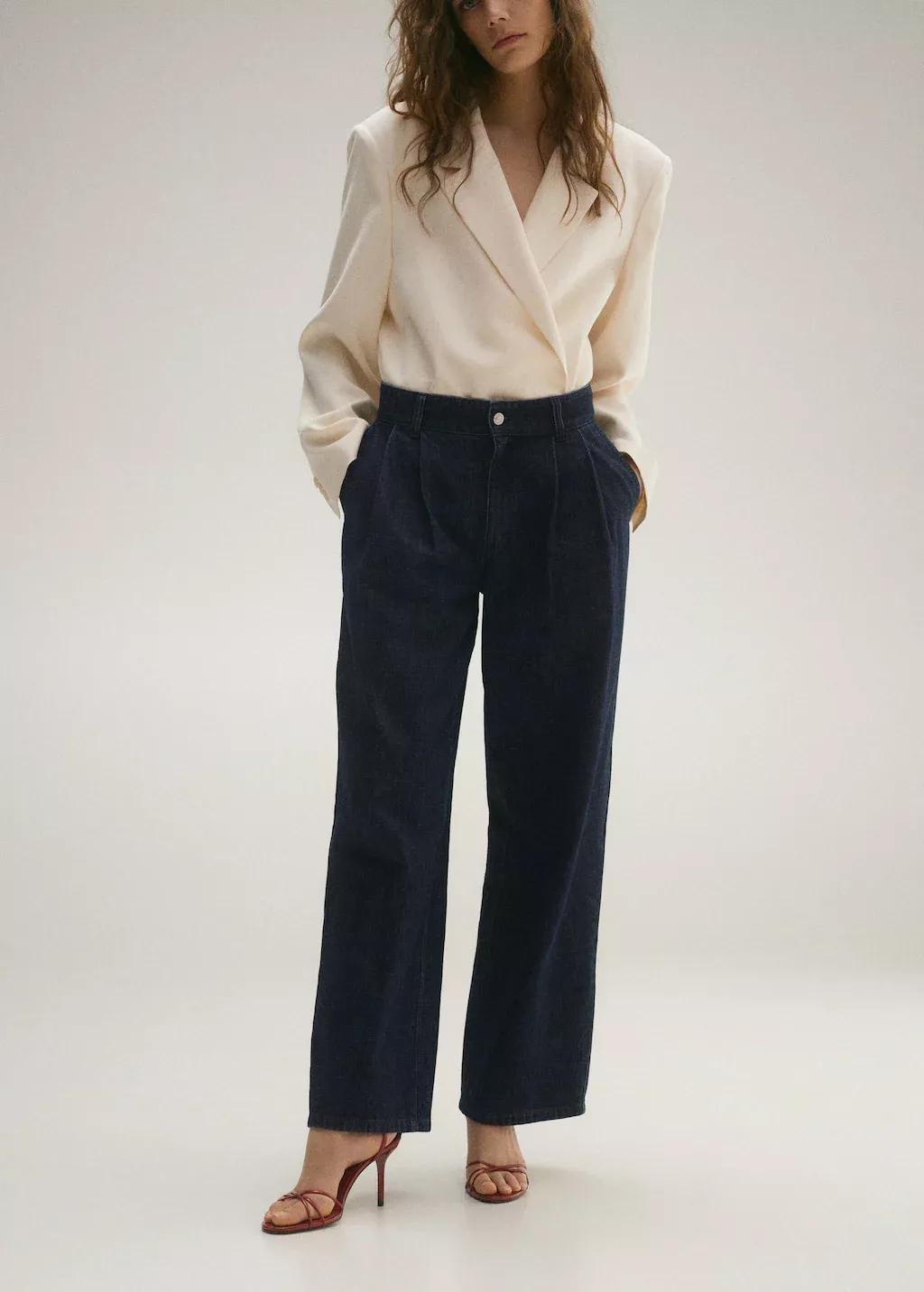 Blue Rinse-Wash Wideleg Jeans With Pleats, , large image number 0