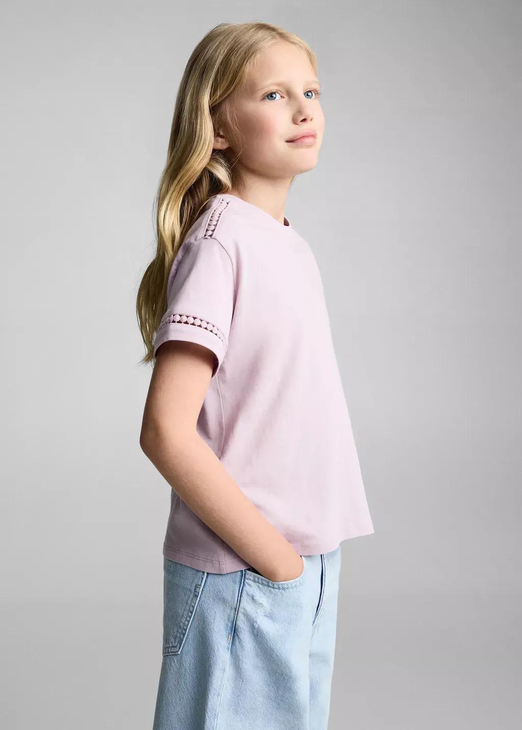 Pink Openwork Details T-Shirt, Kids Girl, , medium