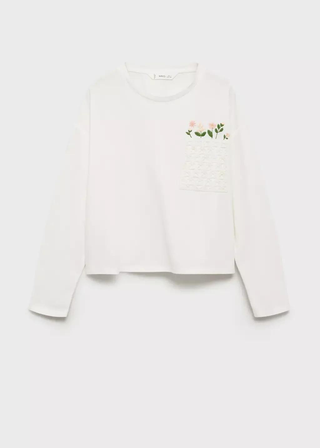 White Embroidered Detail T-Shirt, Kids Girl, , medium