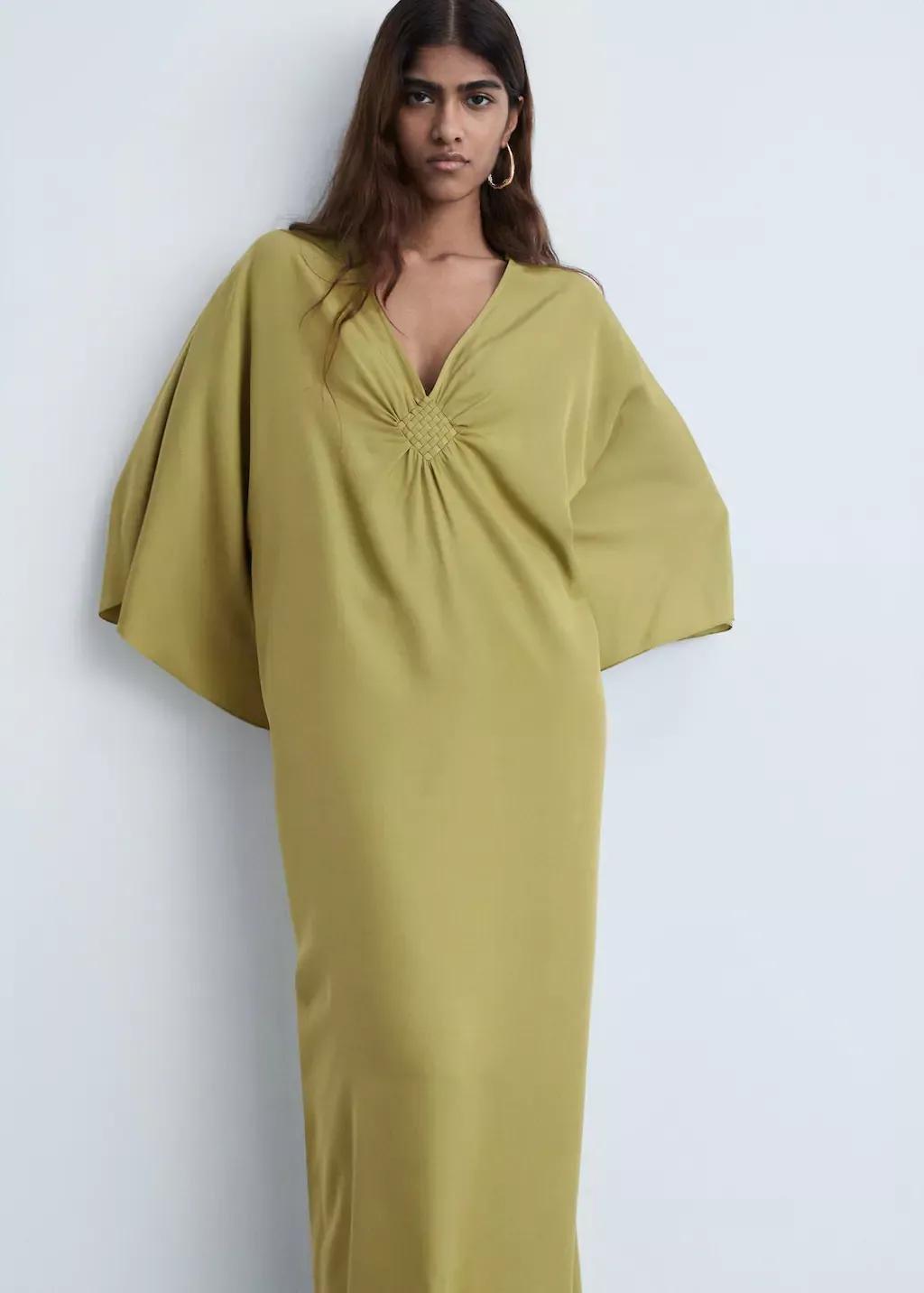 Green Flared-Sleeve Satin Dress, , large image number 0