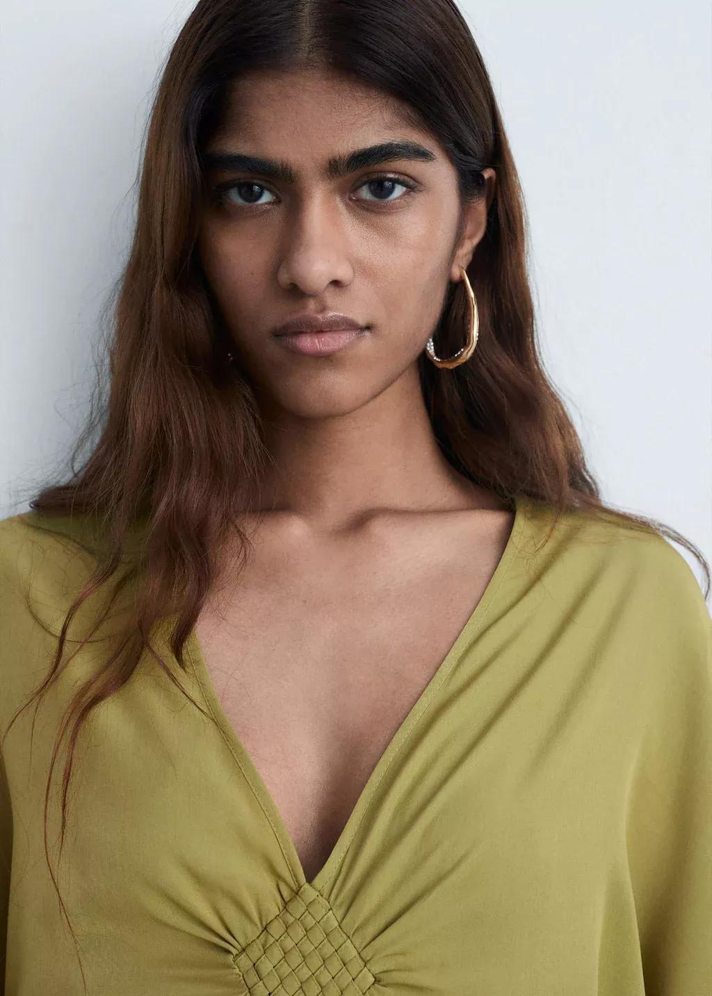 Green Flared-Sleeve Satin Dress, , large image number 1