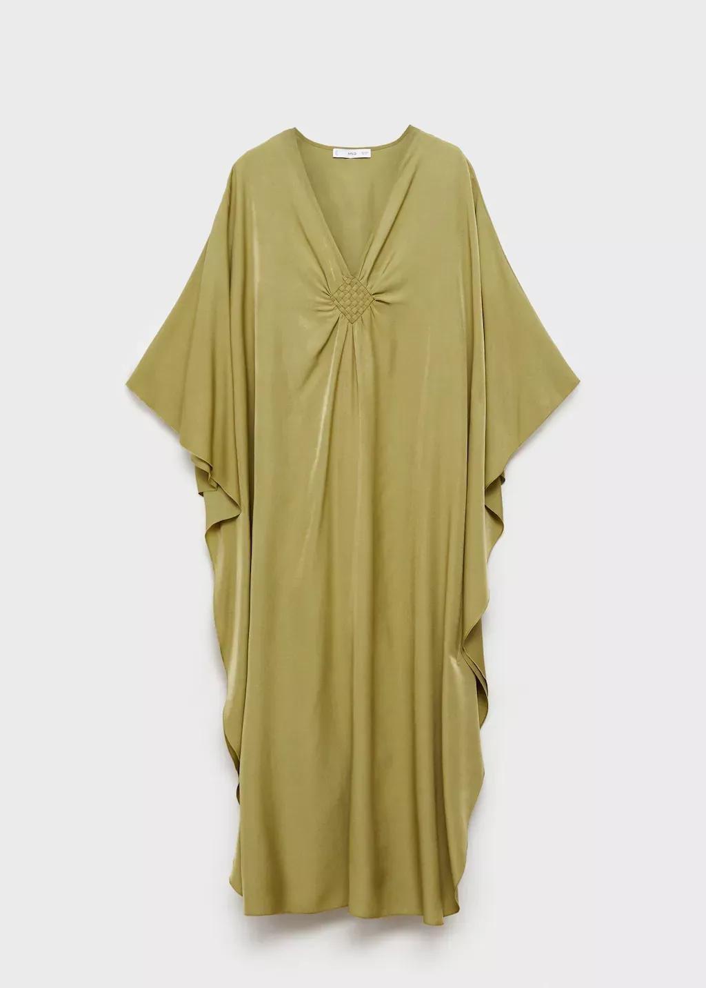 Green Flared-Sleeve Satin Dress, , large image number 4