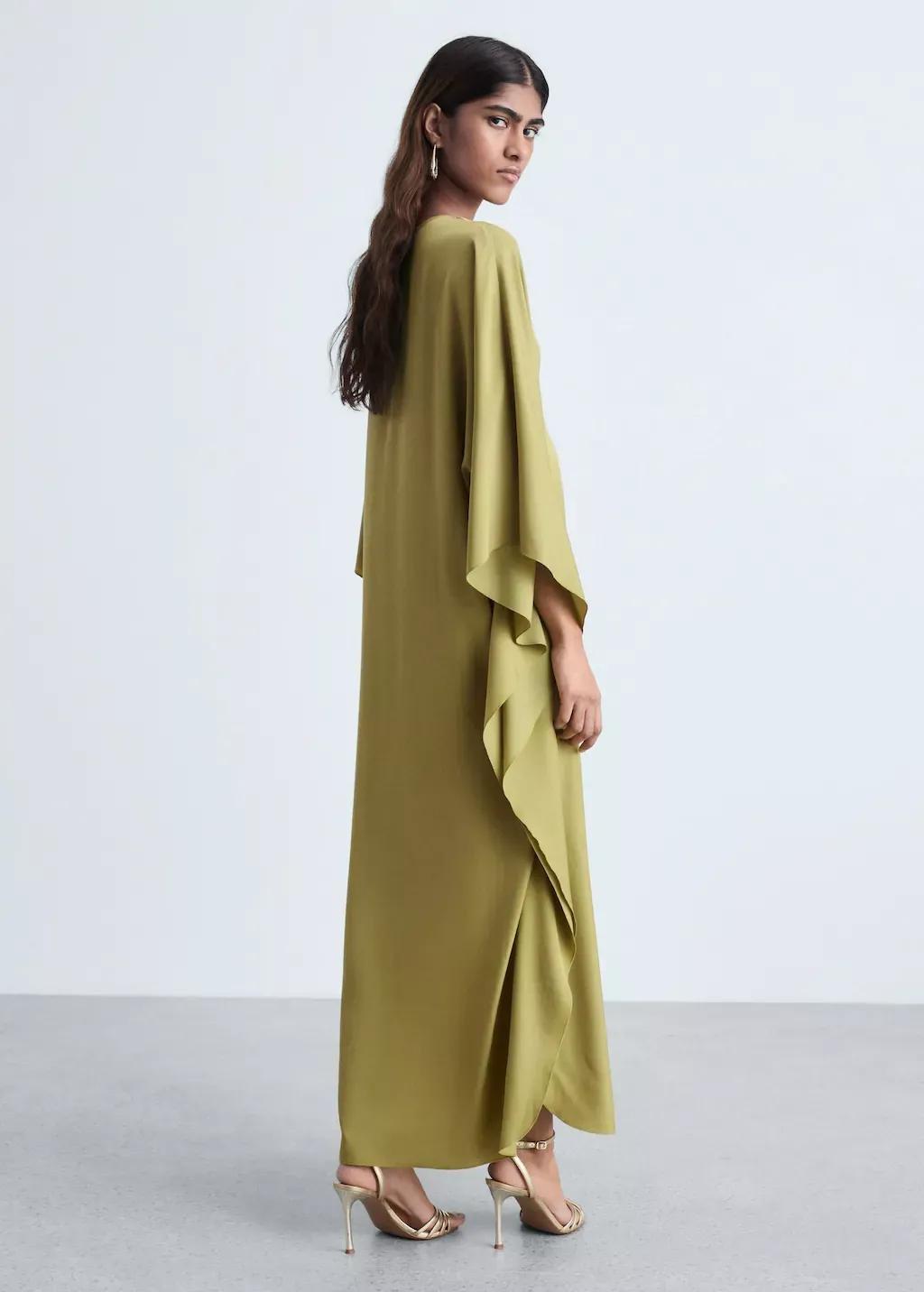 Green Flared-Sleeve Satin Dress, , large image number 5