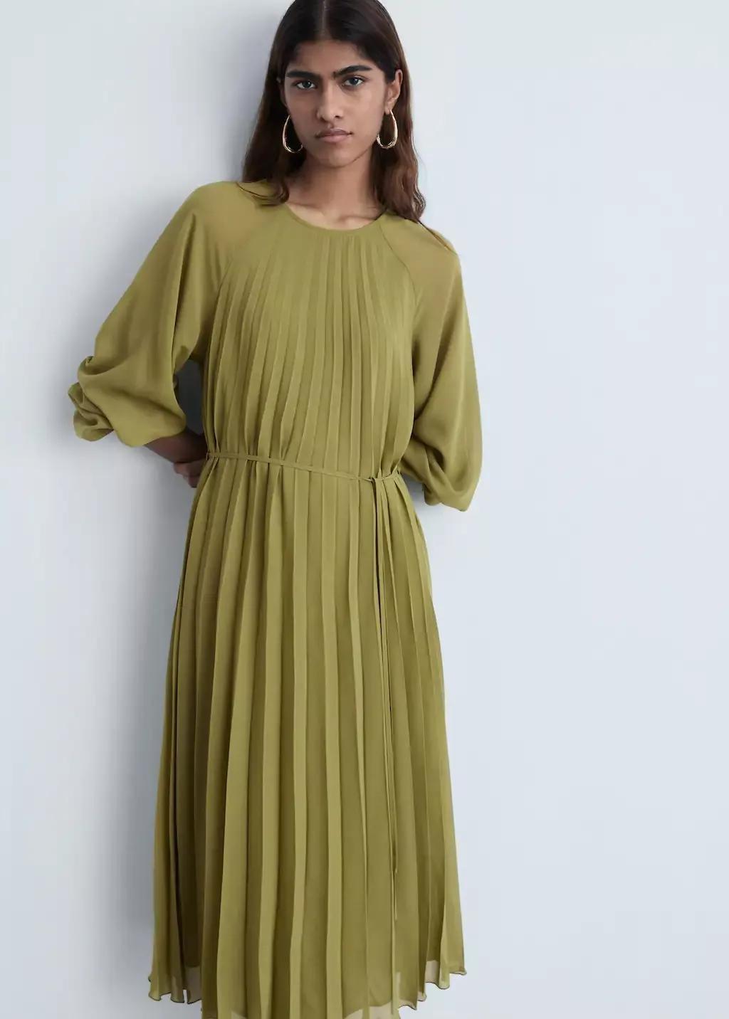 Green Pleated Dress With Bow Belt, , large image number 0