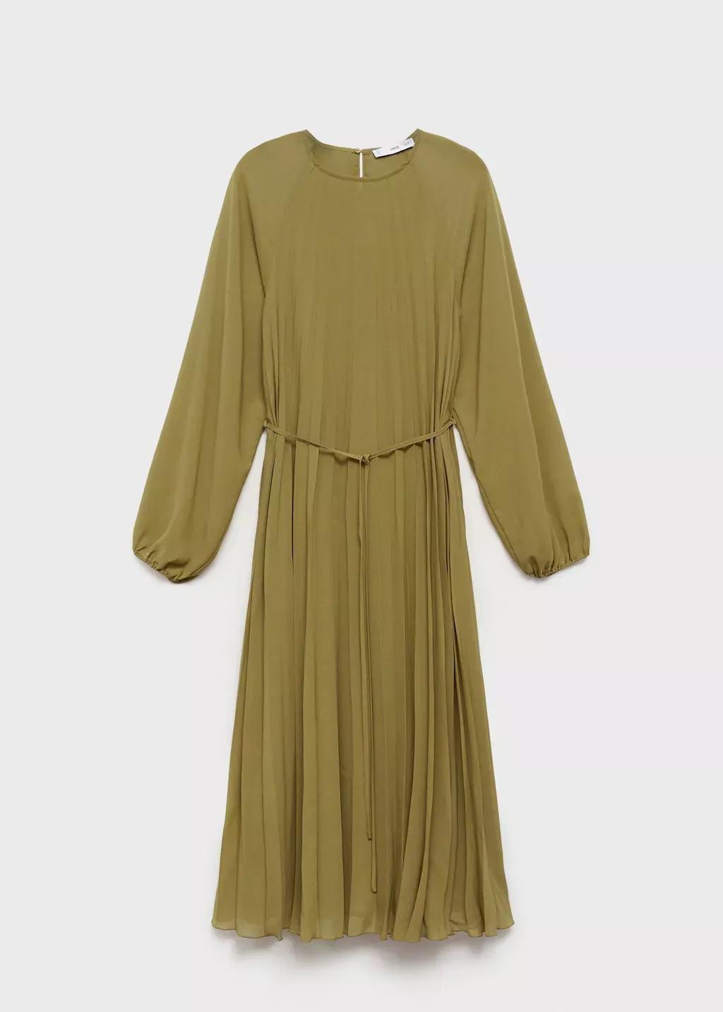 Green Pleated Dress With Bow Belt, , large image number 4