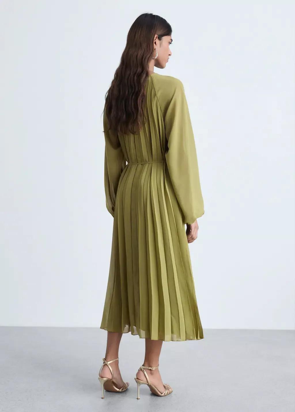 Green Pleated Dress With Bow Belt, , large image number 5