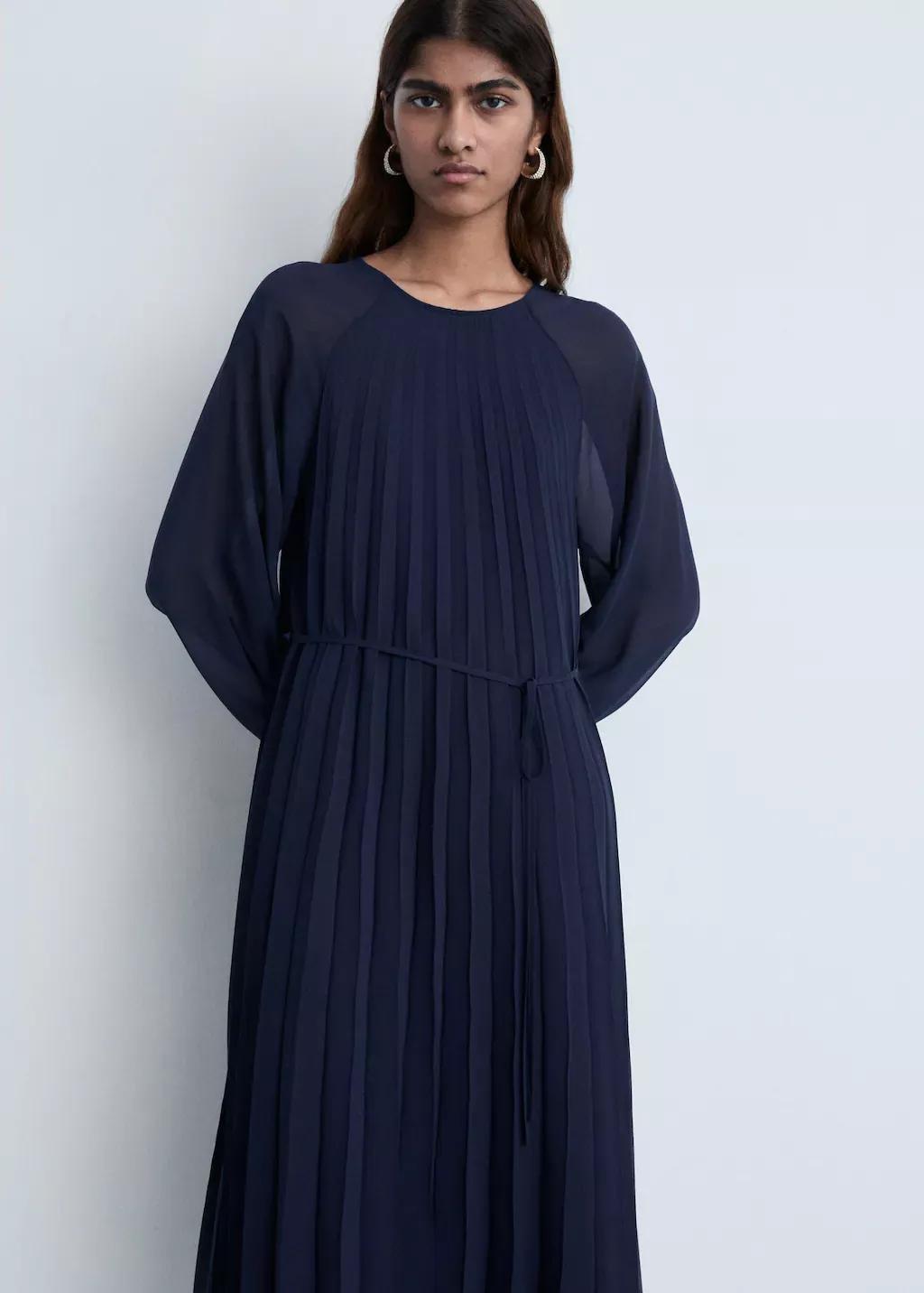 Navy Pleated Dress With Bow Belt, , medium