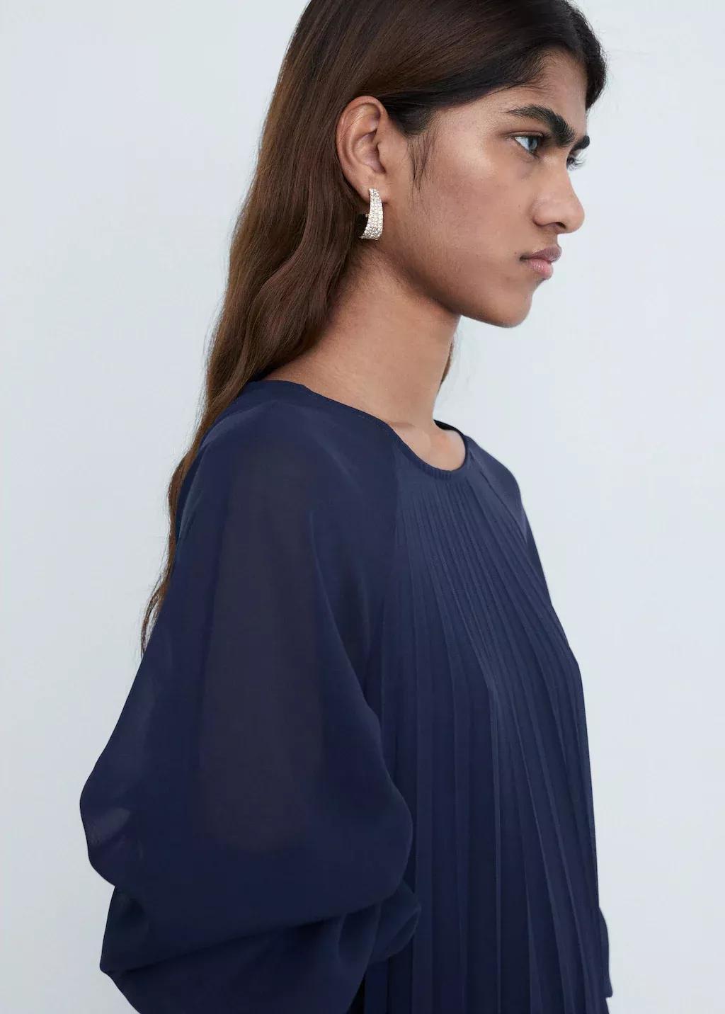 Navy Pleated Dress With Bow Belt, , large image number 1