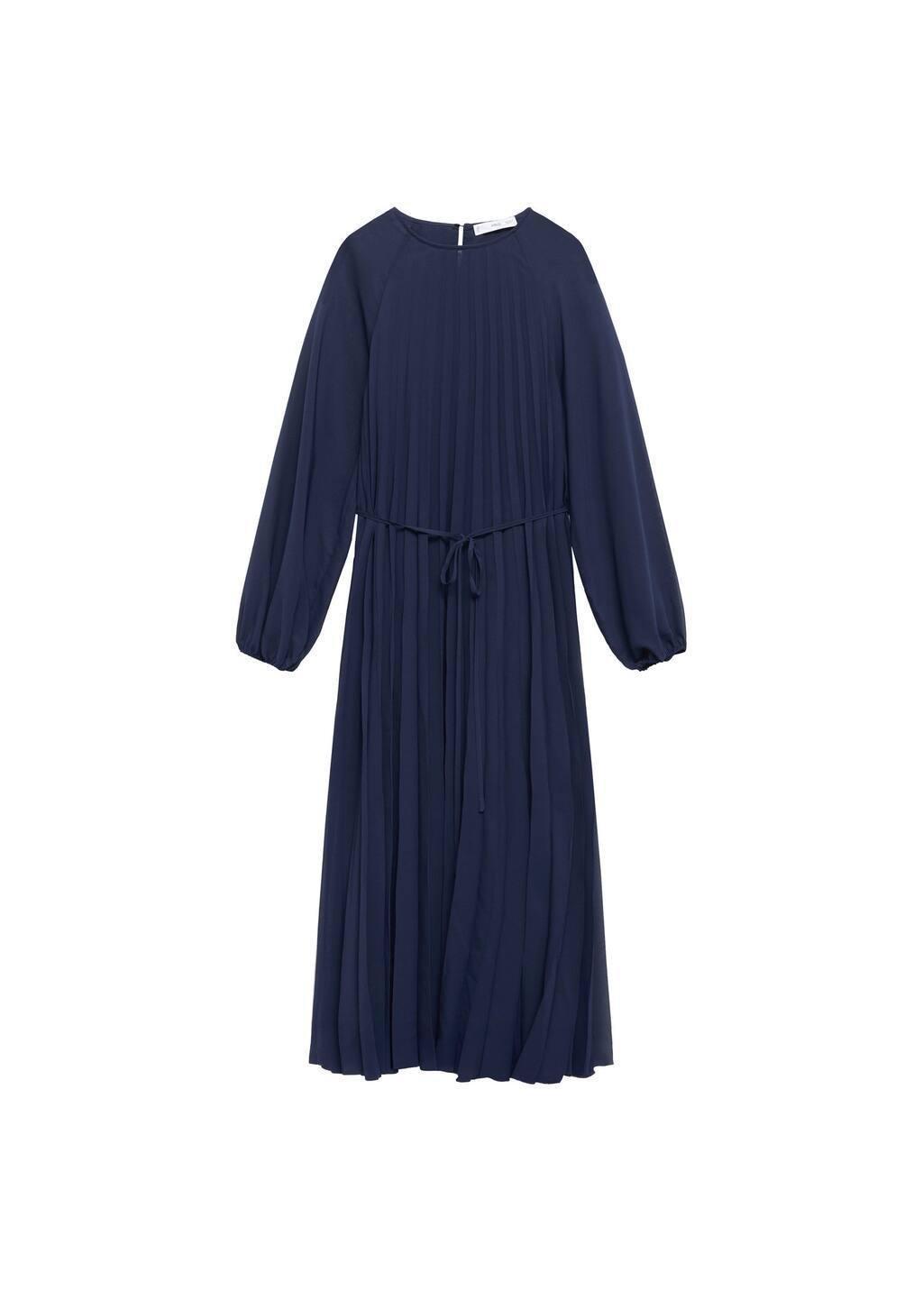 Navy Pleated Dress With Bow Belt, , large image number 2