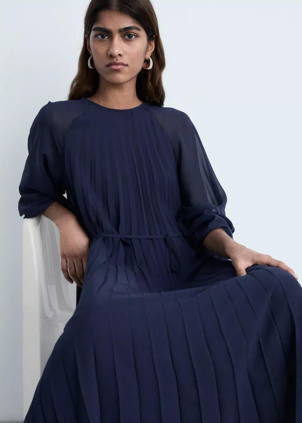 Navy Pleated Dress With Bow Belt, , large image number 3