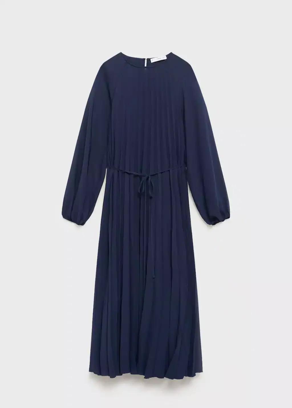 Navy Pleated Dress With Bow Belt, , large image number 4